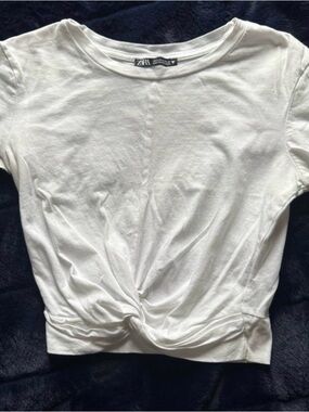 Zara White Front Knot Short Sleeve Crop Top